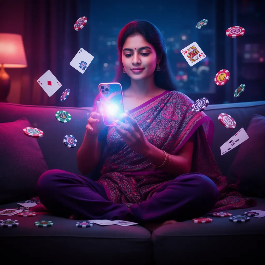 Stylish Bangladeshi woman relaxing on a sofa while using the 995BDT casino app with glowing cards and chips floating around her