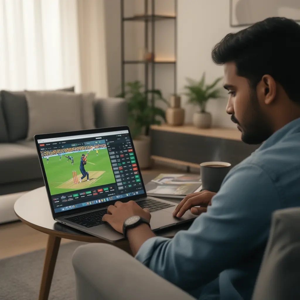 Bangladeshi sports bettor analyzing live cricket odds on a laptop with the 995BDT betting platform open in a bright modern room