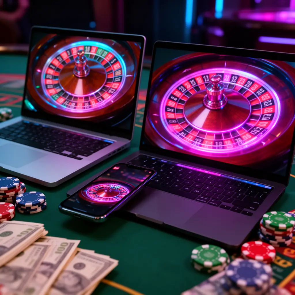 Side by side view of a laptop and smartphone displaying an online roulette wheel with colorful casino chips highlighting the immersive 995BDT casino experience in Bangladesh