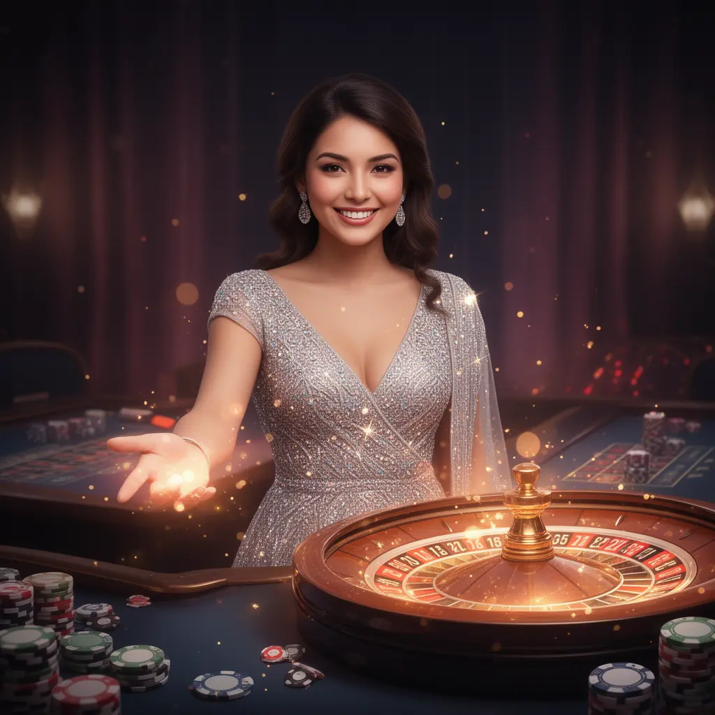 Elegant Bangladeshi casino hostess reaching forward with glowing roulette wheel and chips behind her symbolizing trusted login at 995BDT