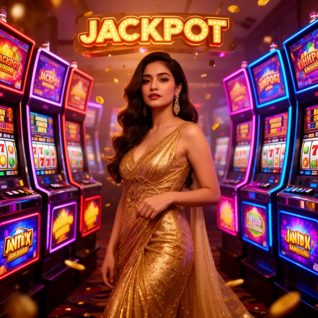 Elegant woman in a sparkling gold dress standing between modern slot machines at 995BDT casino, showcasing a premium gaming atmosphere for players in Bangladesh